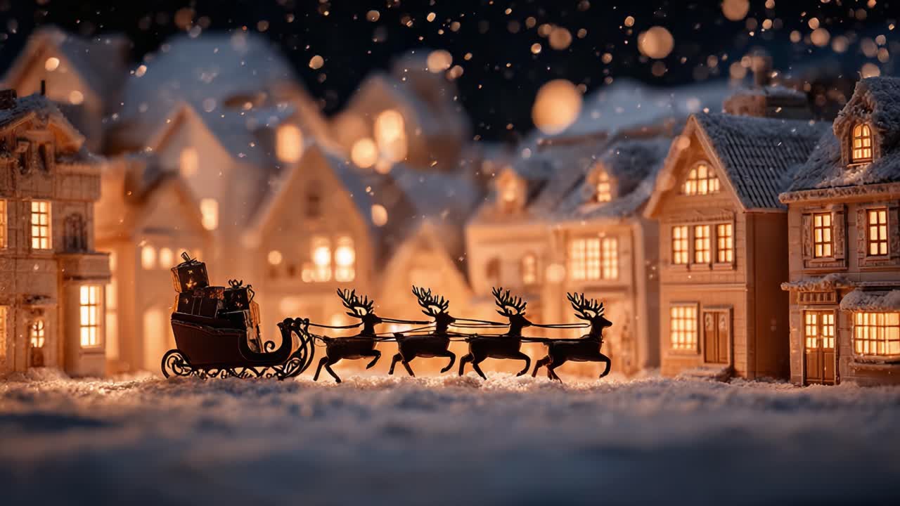 Magical Winter Scene Featuring a Sleigh Pulled by Reindeer, Set Against a Charming Snow-Sprinkled Village with Warm Glow From Cozy Homes