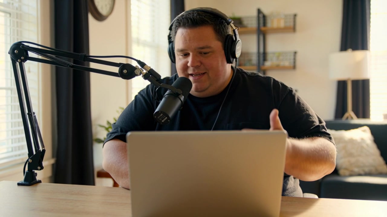 Talking host in black tee, headphones gesturing at home studio with camera rolling, laptop boom mic