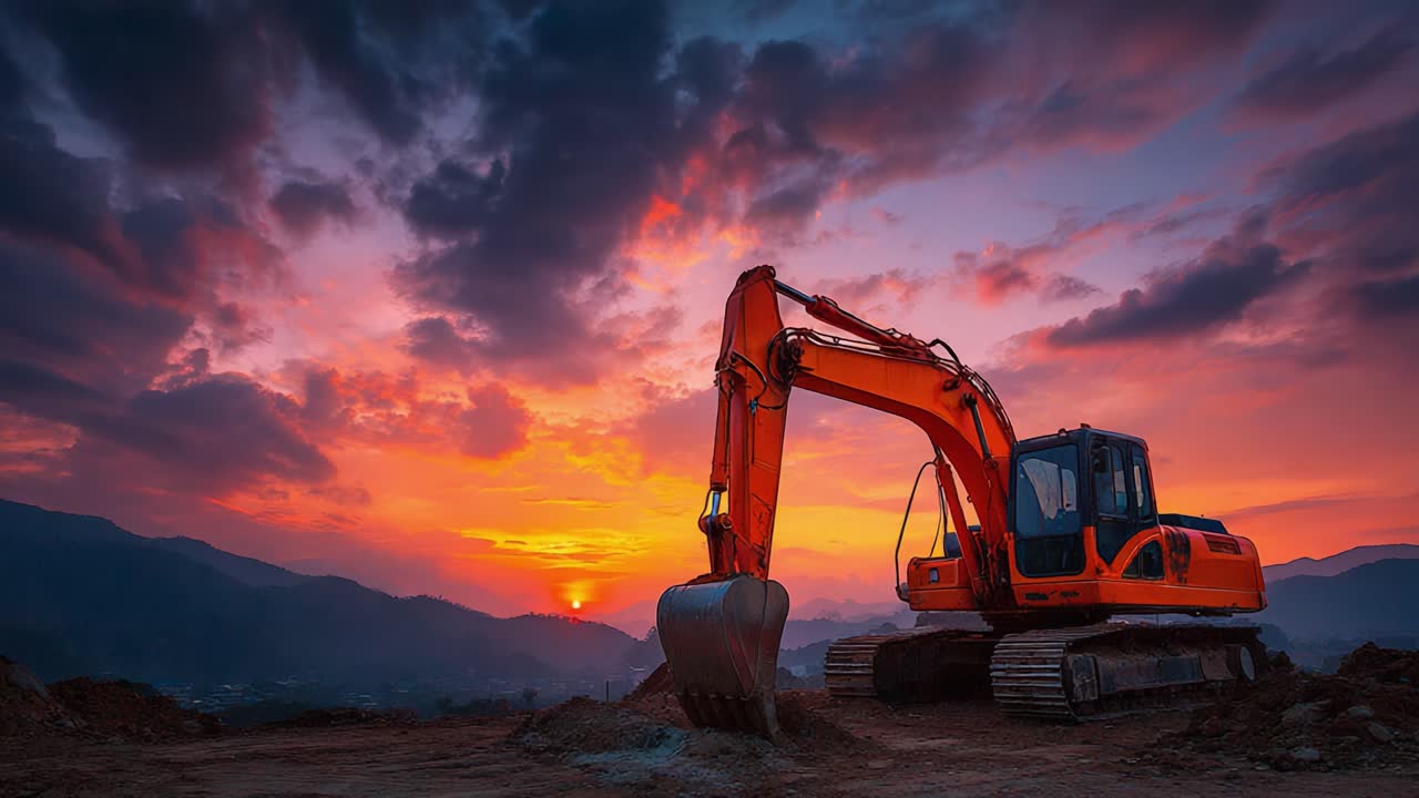Powerful Excavator at Sunset: An Eye-Catching Construction Machine Stands Out Against a Dramatic Sky, Showcasing Industry and Nature in Perfect Harmony