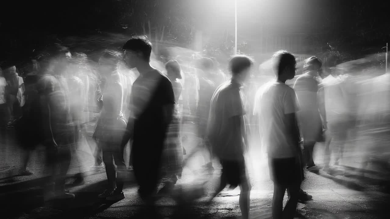 Nighttime stroll mysterious figures in white shirts and black pants under street lamp