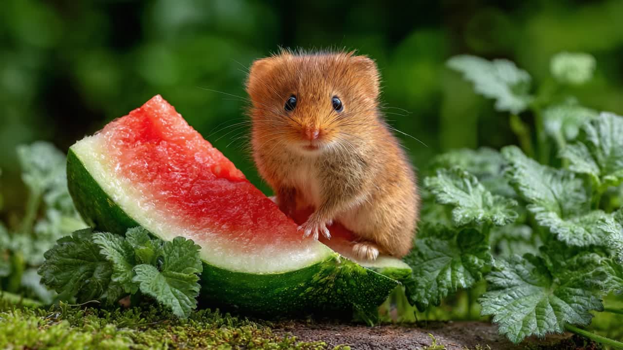 A Cute Small Rodent Enjoys a Slice of Juicy Watermelon Surrounded by Lush Greenery in a Serene Natural Setting