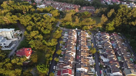 incluye vegetación exuberante iluminada por el atardecer que rodea la zona de viviendas bajas
