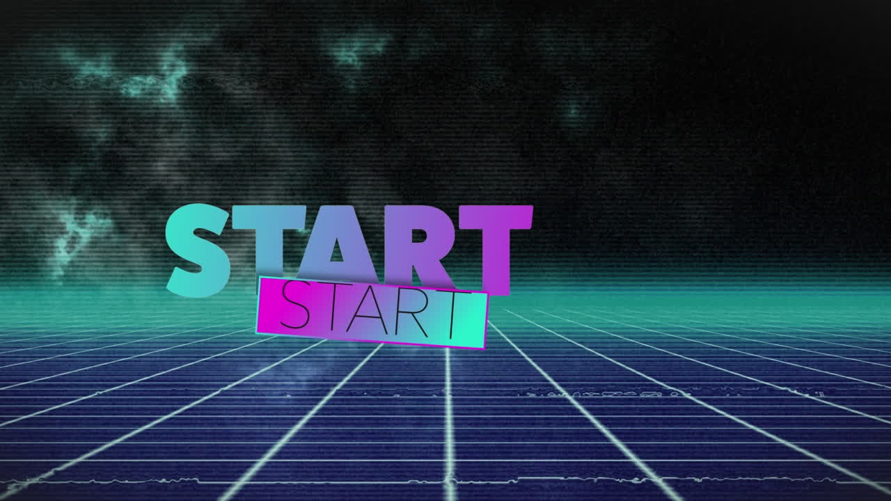 animación del efecto glitch sobre el banner de texto de inicio sobre la red de cuadrícula de gradiente azul y verde.