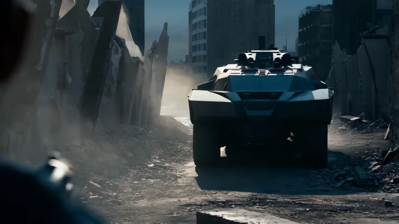 전쟁으로 파괴된 도시에서 군용 차량