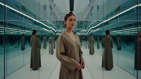 woman standing in an infinite mirrored room