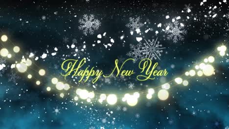 Animation-of-happy-new-year-text-over-snow-falling-and-light-spots