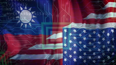 animation of data processing over flag of taiwan and united states of america