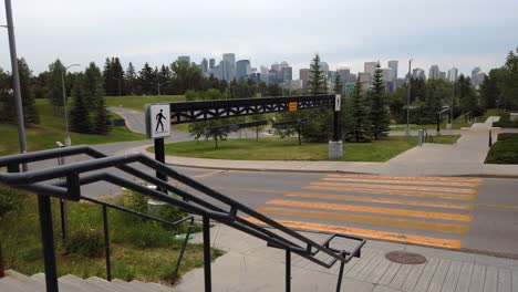 crosswalk with city skyline approached calgary alberta canada