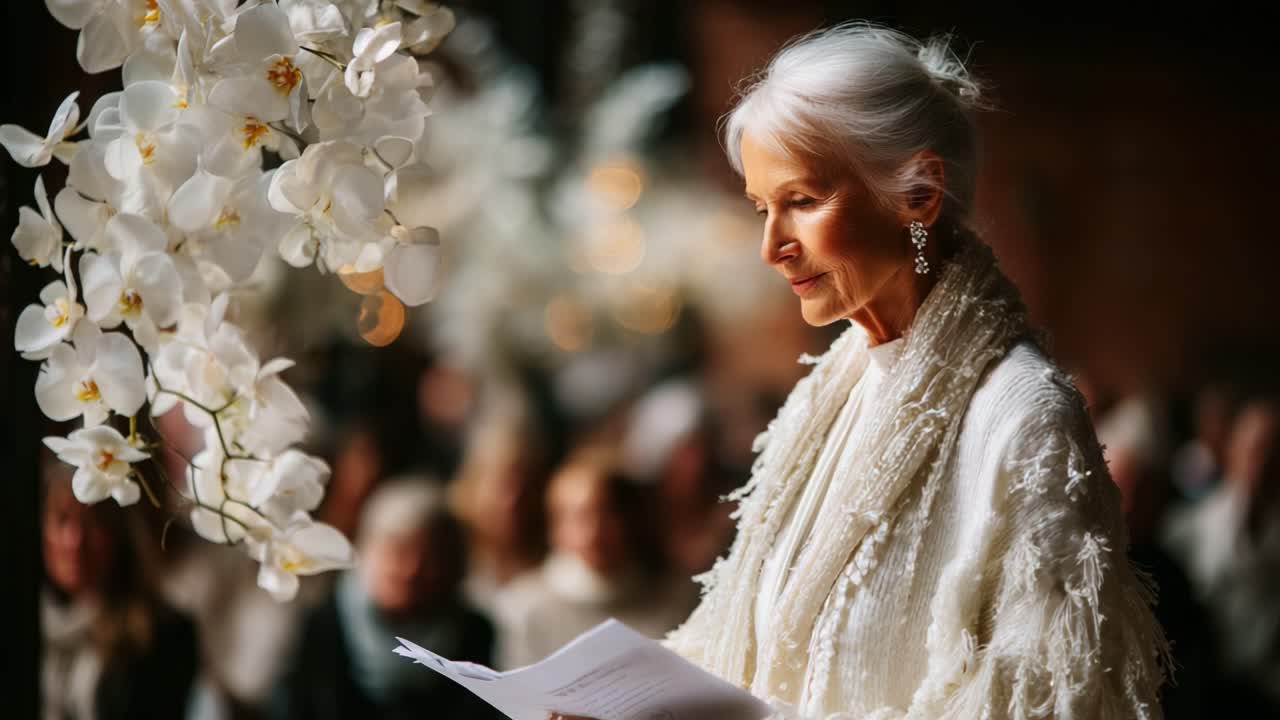 A graceful woman with silver hair reading a heartfelt message during a special gathering, surrounded by delicate orchids and an intimate audience, radiating elegance and warmth