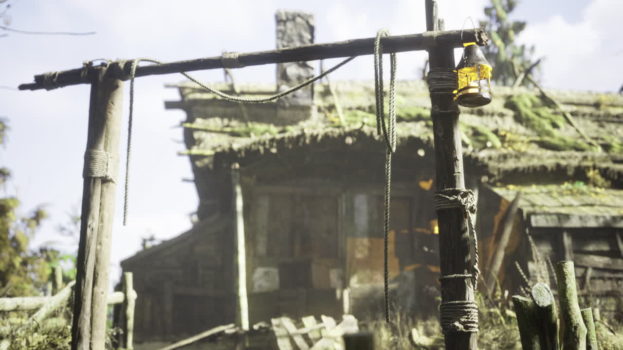 Old rustic cabin surrounded by lush vegetation and wooden fences in daylight