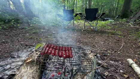 grilling sausage on the campfire - slow motion no people