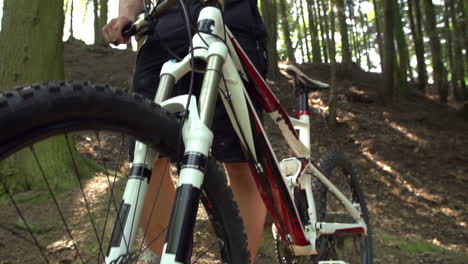 Hombre-De-Pie-Con-Bicicleta-De-Montaña-En-Un-Entorno-Boscoso