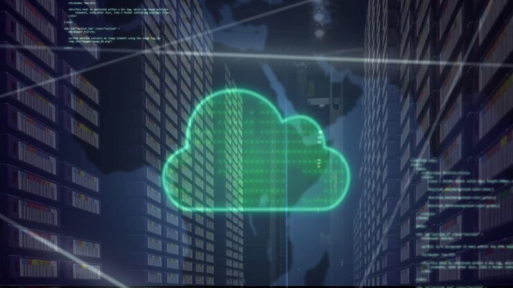 Animation of cloud, network of connections, data processing over map of world and server room