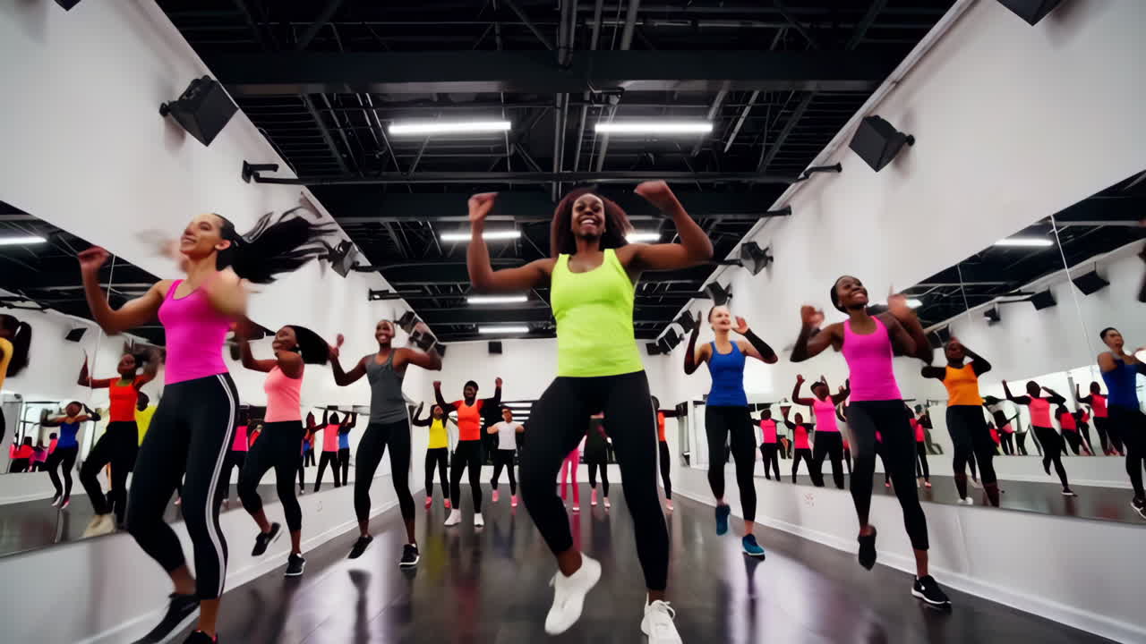 Mangfoldig gruppe kvinder danser og træner i et fitnesscenter