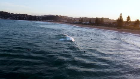 Toma-Aérea-De-Drones-De-Surfistas-En-La-Puesta-De-Sol-De-La-Tarde-Con-Olas-Oceánicas-Playa-Avoca-Turismo-De-La-Costa-Central-Australia-Nsw-4k