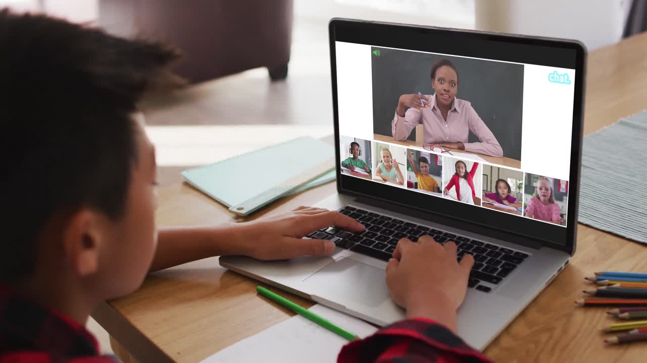 Composite of boy using laptop for online lesson at home, with diverse teacher and class on screen