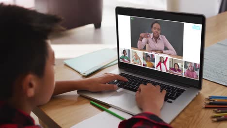 Zusammenstellung-Eines-Jungen,-Der-Zu-Hause-Einen-Laptop-Für-Den-Online-Unterricht-Nutzt,-Mit-Verschiedenen-Lehrern-Und-Klassen-Auf-Dem-Bildschirm