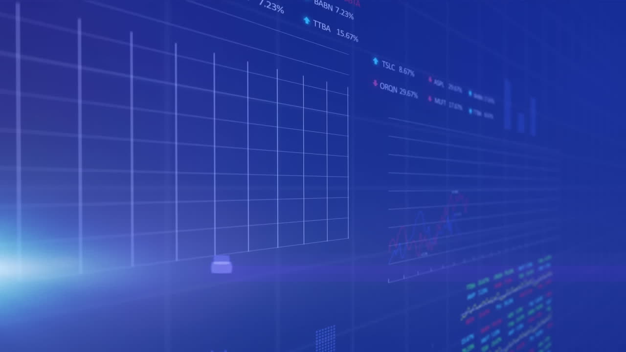Animation of multiple graphs with changing numbers and trading boards over blue background