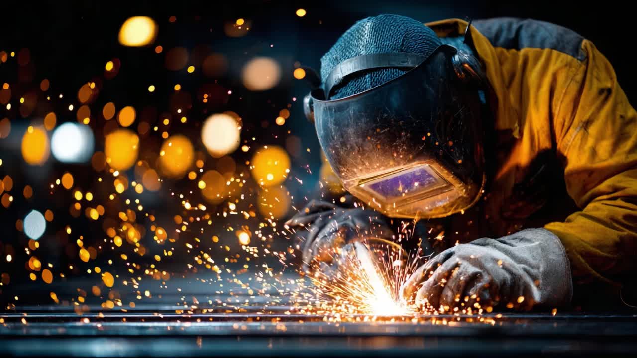 A skilled welder engaged in precision metalwork, showcasing intense sparks and vibrant hues in a captivating industrial setting, highlighting craftsmanship and safety