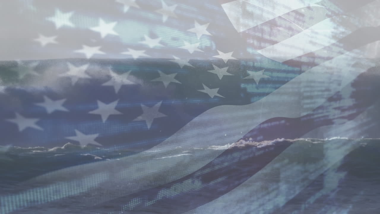 Animation of flag of algeria blowing over waves in sea and data processing