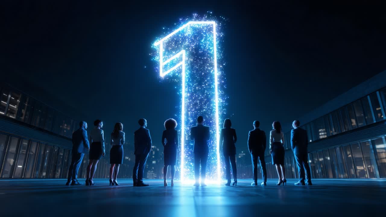 Illuminated Unity: A Group of Professionals Stands in Awe of a Sparkling Digital Number One, Symbolizing Leadership, Achievement, and New Beginnings in a Nighttime Cityscape