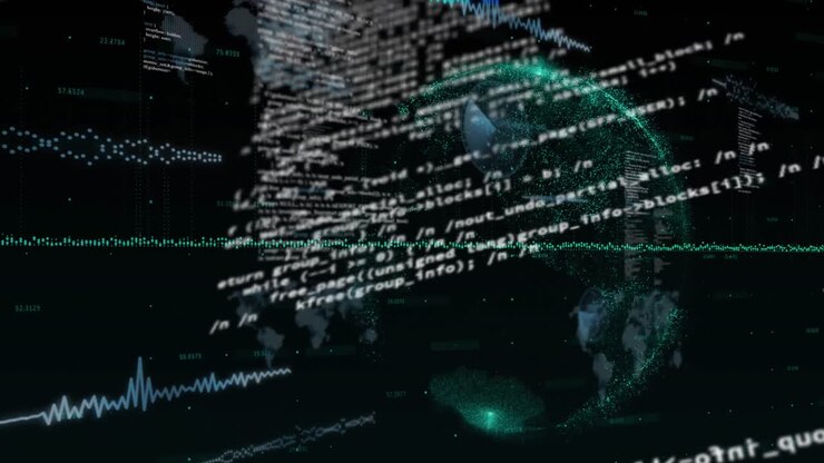 Graphs and data processing over globe on black background