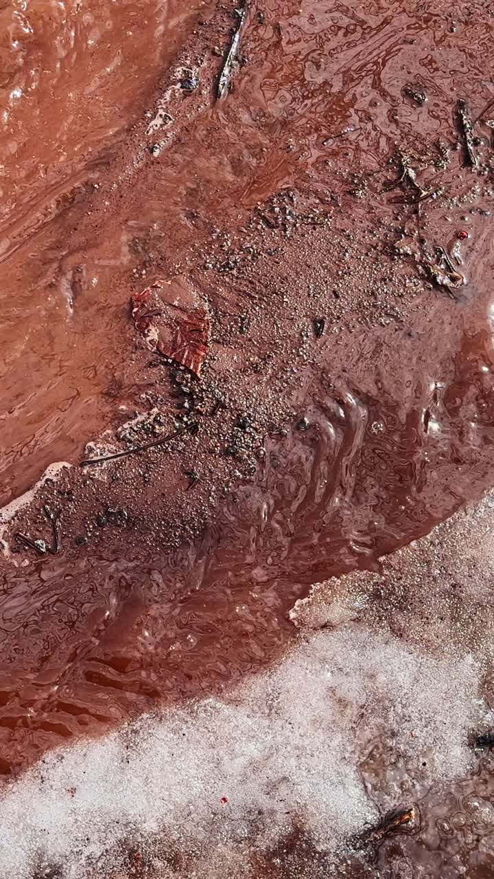 L'acqua di disgelo primaverile si agita attorno al terreno rosso che si scongela e alla fanghiglia persistente, catturando un crudo disgelo precoce dove l'acqua in movimento rimodella la superficie mentre l'inverno cede il passo alla primavera.