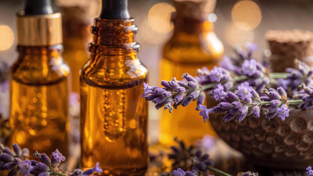 Aromatiske æteriske lavendelolier i smukke flasker med lavendelkviste, der tilfører naturlig skønhed og afslapning, perfekt til husråd og aromaterapi.
