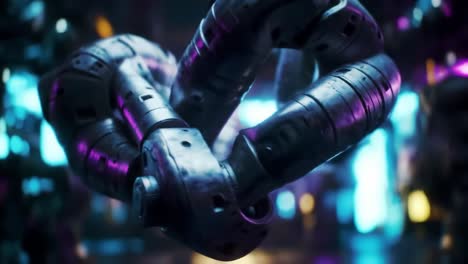 exploring the intricate design and functionality of a futuristic robotic arm in a colorful, high-tech environment