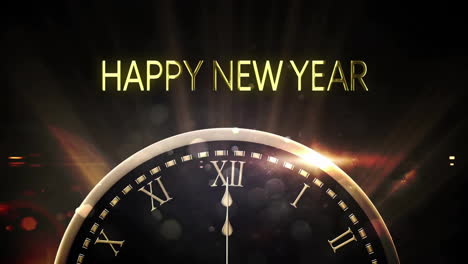 animation of happy new year text and clock showing midnights on black background