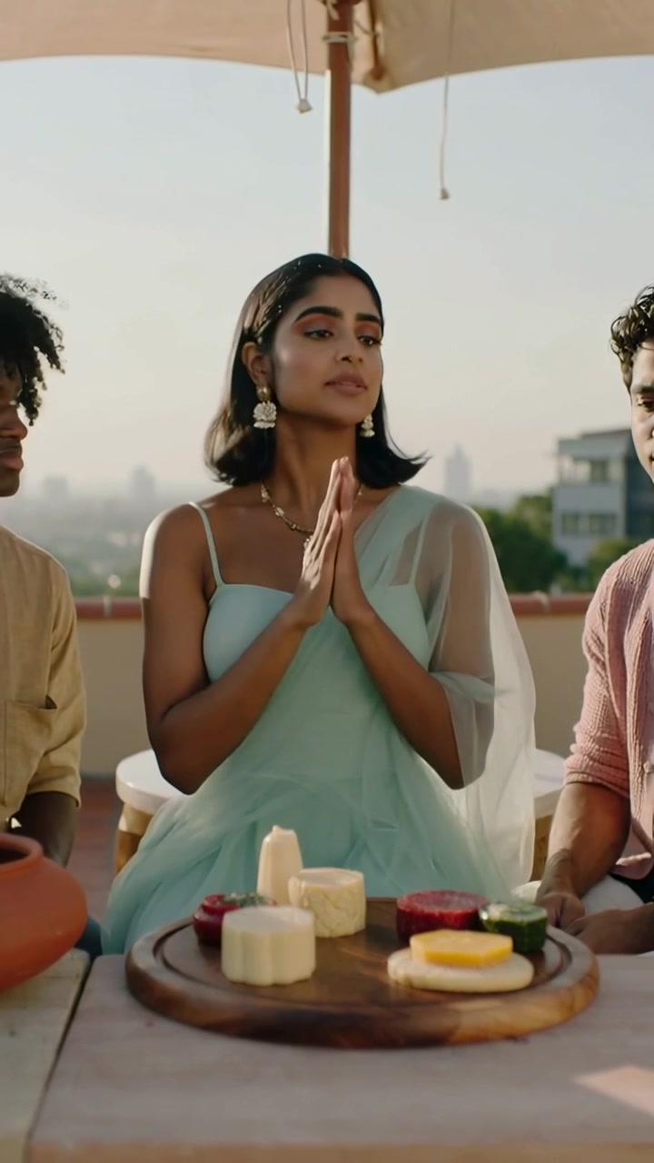 Vertical video: Placing board, woman in green saree presenting sweets to friends on rooftop