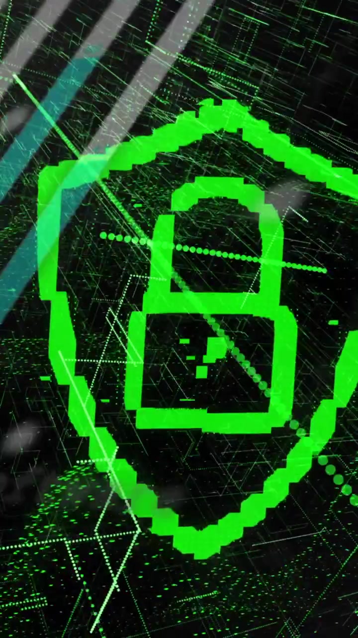 Animación de un candado de seguridad en línea procesando datos sobre una malla verde.