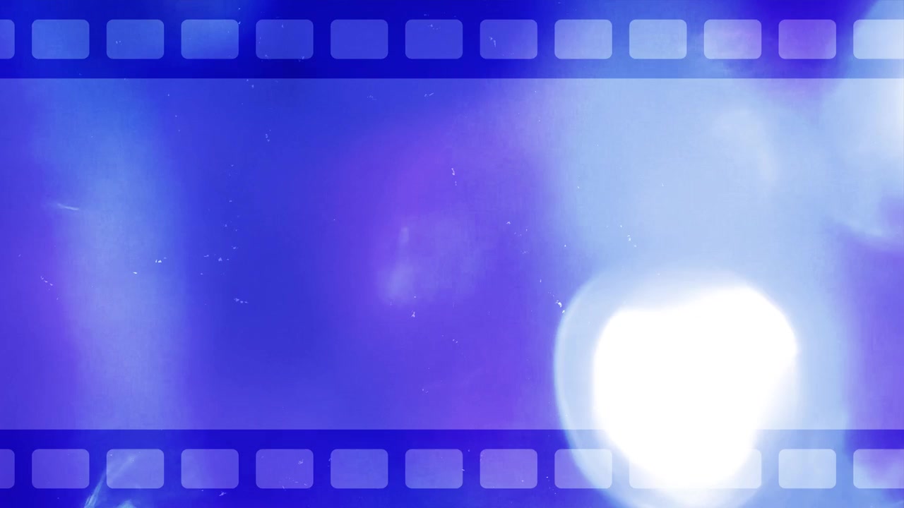 抽象的なフィルムストリップオーバーレイ、点滅する青と紫のライトリーク