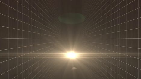 digital animation of bright spot of light and lens flare against grid network on black background