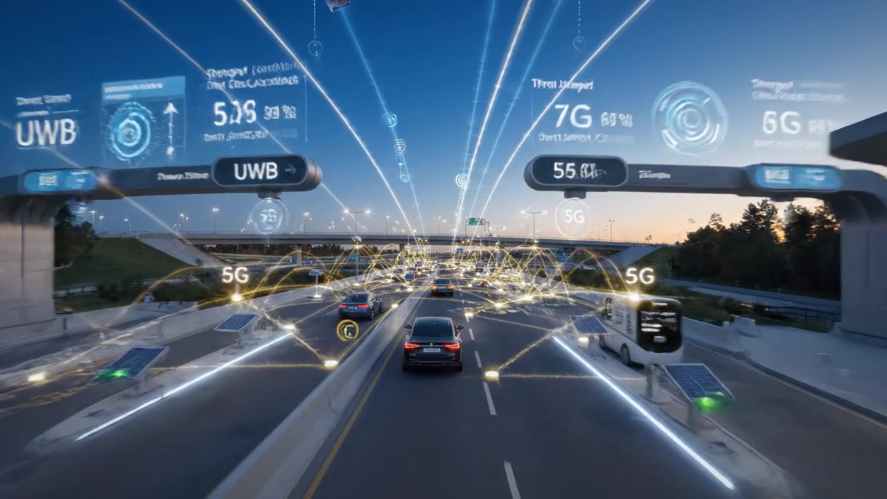 Scena autostradale moderna al tramonto con un flusso di traffico dinamico e segnaletica digitale avanzata che riflette l'integrazione tecnologica nelle soluzioni di mobilità urbana.