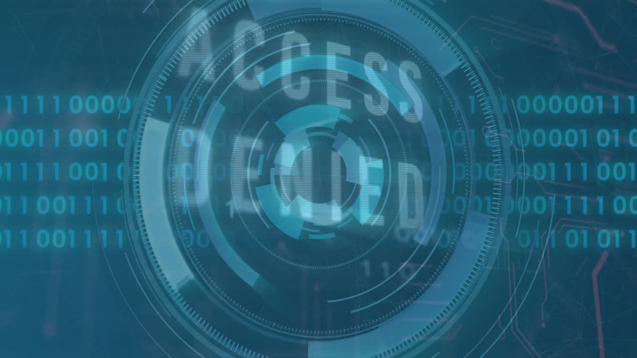 Animation of scope scanning and network of connections over binary coding and access denied text