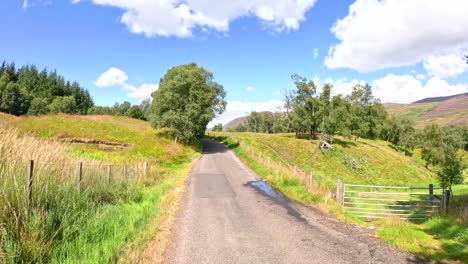 a vehicle travels a narrow country road bordered by grassy hills, trees, and farmland under bright daylight in clova, angus, scotland
