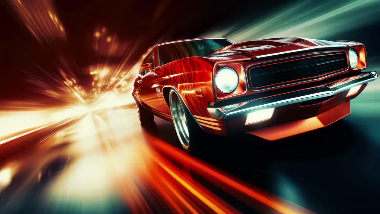 Dynamic low-angle shot of a vintage car speeding through a neon-lit tunnel, creating a thrilling