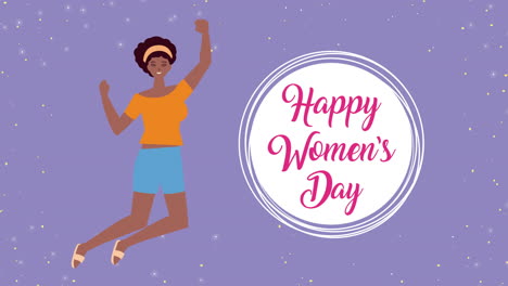 happy womens day lettering animation with afro girl jumping