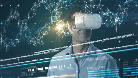 digital interface with data processing against man wearing vr headset touching futuristic screen