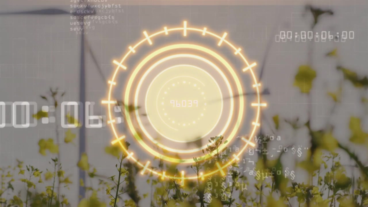 HUD luminoso che appare gradualmente, pulsante e rotante mentre il conto alla rovescia avanza, visualizzando la produzione di un parco eolico.