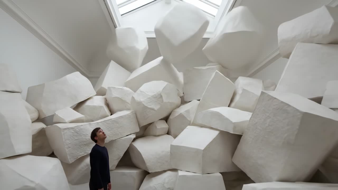 Man Interacting with Large White Geometric Art Installation in Gallery