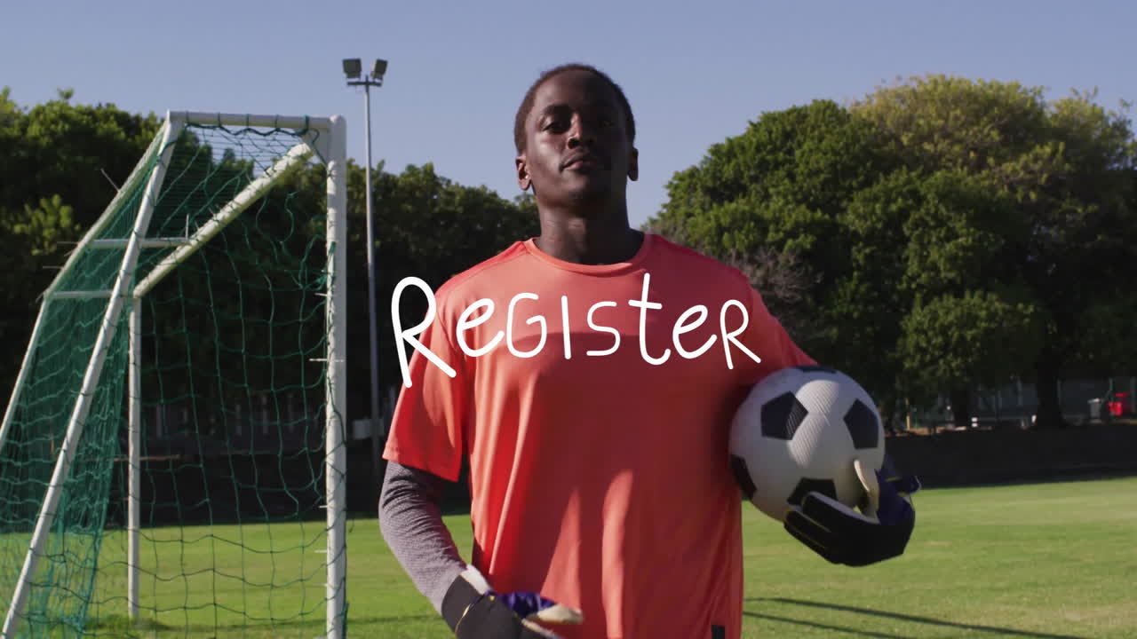 Holding soccer ball, player standing on field with Register text in animation