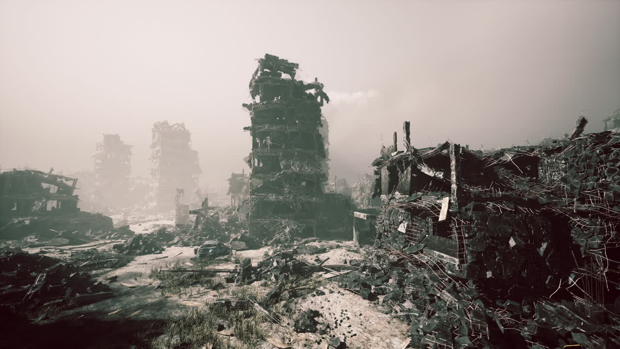 Una città un tempo vivace giace in rovina, completamente distrutta da un'azione militare.