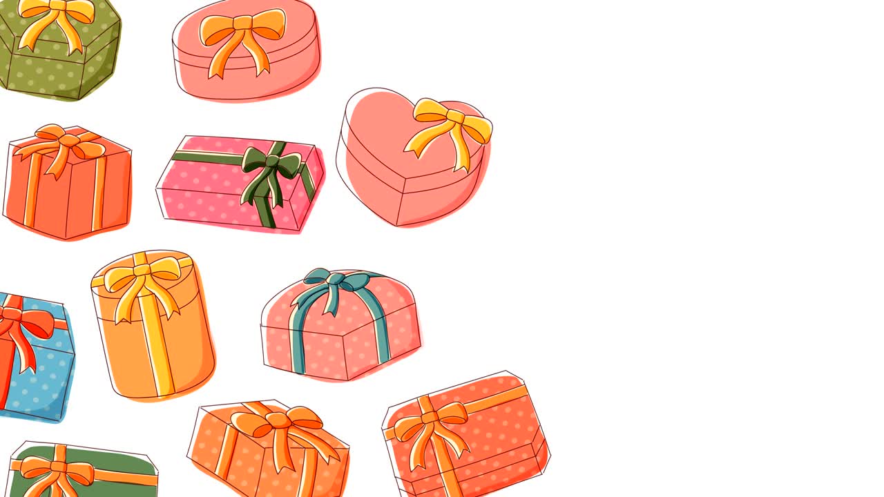 선물 상자 아이콘 움직이는 패턴 배경 만화 어린이 손으로 그림 일러스트, 생일 축하 콘셉트 디자인 백색 배경에 고립 된 원활한 루핑 애니메이션 4k, 중앙 복사 공간