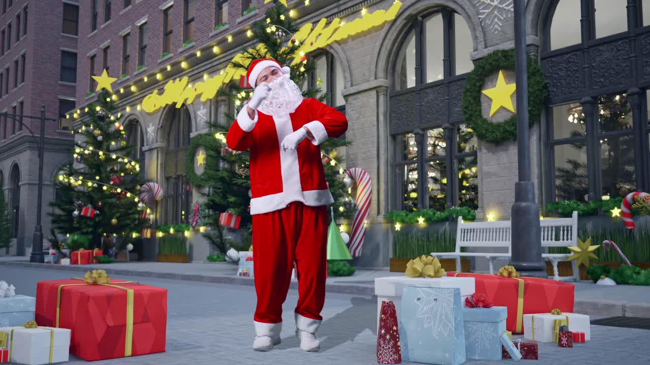 크리스마스 밤에 춤추는 즐거운 아시아 산타클로스의 몸으로 가득 차 있습니다.