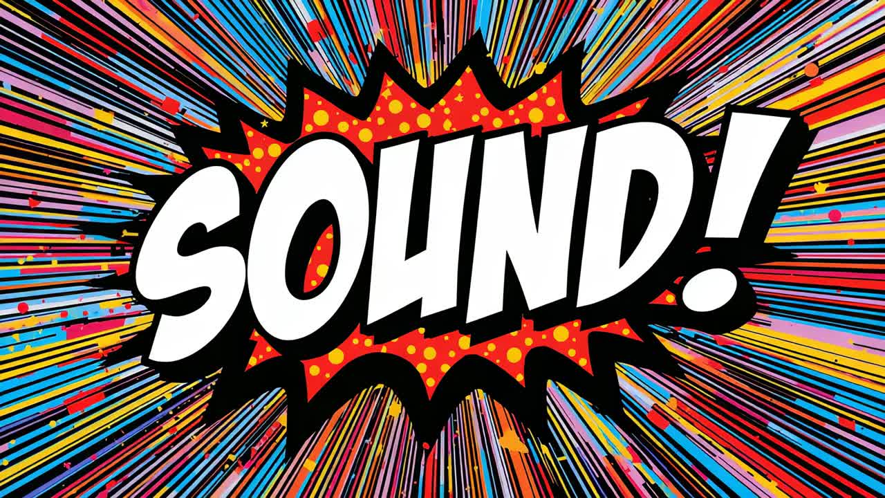 Appearing red dotted burst 'SOUND!' sending radial streaks outward on canvas, amplifying message
