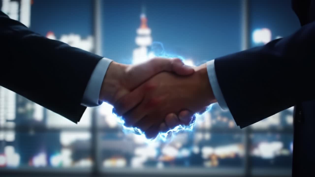 A Powerful Partnership: Two Professionals Engage in a Dynamic Handshake, Signifying Cooperation and Success Against a Dazzling Cityscape Backdrop