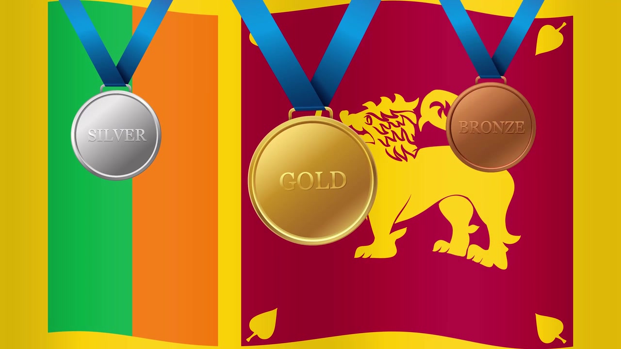 Animoitu Sri Lankan lippu liehumassa kulta-, hopea- ja pronssisten urheilumitalien takana sinisillä nauhoilla