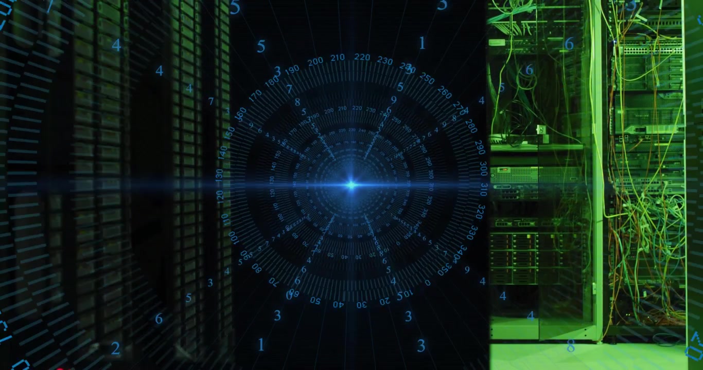 Faint blue light emerging from server racks starting rotating holo scan rings optimizing analysis